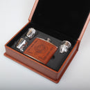 MacLaren Clan Crest Hip Flask Gift Set - Boxed with personalized engraving, features stainless steel flask, leather cover, and two cups.