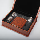 Fraser of Lovat Clan Crest Hip Flask Gift Set - Boxed featuring a sleek tan brown PU leather cover and personalized engraved clan crest for a unique gifting experience.