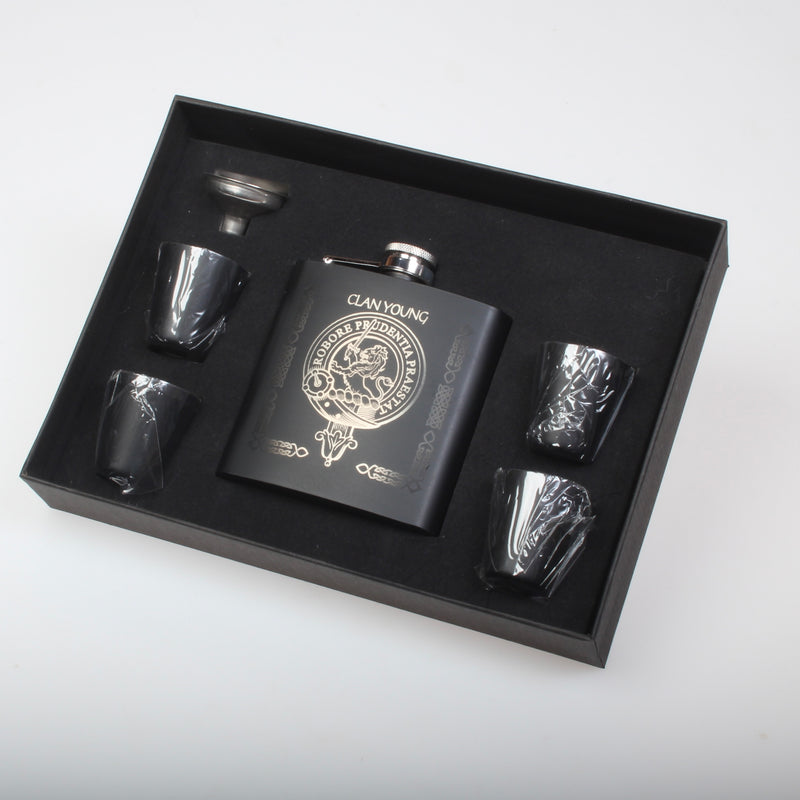 Young Clan Crest engraved 6oz Matt Black Hip Flask Gift Set with Cups and Funnel