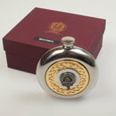 MacNeil Clan Crest Pewter Sporran Flask showcasing Scottish heritage with a beautiful gold plated thistle design, perfect for outdoor adventures or as a keepsake.