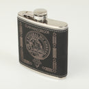 MacGregor Clan Crest Black PU Leather Covered Hip Flask showcasing its elegant design and laser-engraved details.