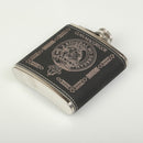 Close-up of the MacGregor Clan Crest on the Black PU Leather Covered Hip Flask, highlighting its craftsmanship and heritage.