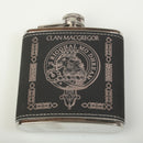MacGregor Clan Crest Black PU Leather Covered Hip Flask displayed with a gift box, perfect for a thoughtful present.