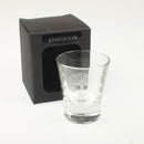Clan Crest Dram Glass with Anderson Crest displaying intricate etched design, perfect for whisky sipping.