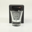 Close-up of the Clan Crest Dram Glass with Anderson Crest showcasing handcrafted details and ideal size for Scotch.