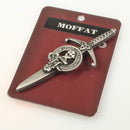 Clan Crest Pewter Kilt Pin with Moffat Crest elegantly displayed, perfect for enhancing Scottish attire and showcasing heritage.
