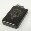 MacLellan Clan Crest Black Steel 8oz Trekking Flask showcasing its sleek design and matte black finish, perfect for outdoor adventures.