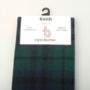 Lambswool Scarf in Keith Modern Tartan draped elegantly on a wooden table, showcasing its vibrant colors and soft texture.