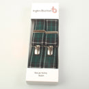 Close-up of Tartan Braces (suspenders) in MacLean Hunting Modern, highlighting the sturdy metal clips and adjustable straps.