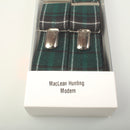 Stylish model wearing Tartan Braces (suspenders) in MacLean Hunting Modern, adding a touch of elegance to a casual outfit.
