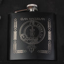 MacLellan Clan Crest engraved 6oz Matt Black Hip Flask Gift Set with Cups and Funnel