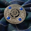 Clan Crest Pewter Plaid Brooch with Sapphire Stone