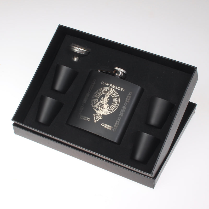 Clan Crest engraved 6oz Matt Black Hip Flask Gift Set with Cups and Funnel