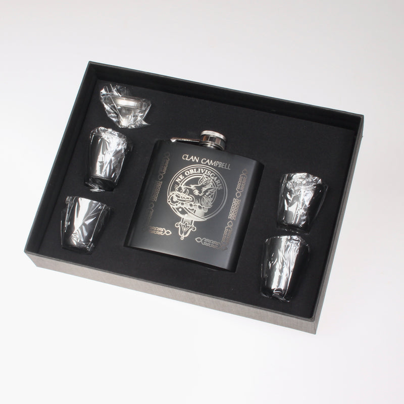 Campbell Clan Crest engraved 6oz Matt Black Hip Flask Gift Set with Cups and Funnel
