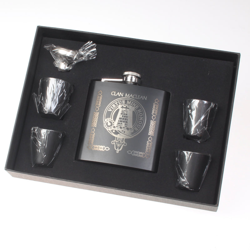 MacLean Clan Crest engraved 6oz Matt Black Hip Flask Gift Set with Cups and Funnel