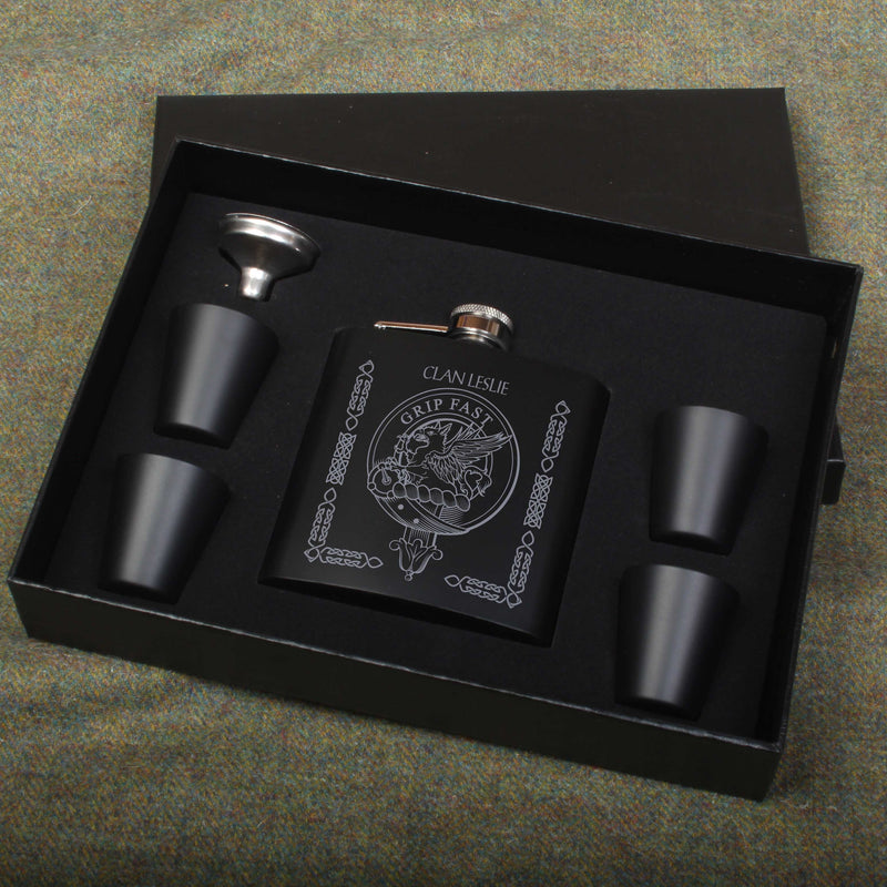 Leslie Clan Crest engraved 6oz Matt Black Hip Flask Gift Set with Cups and Funnel