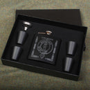 MacKay Clan Crest engraved 6oz Matt Black Hip Flask Gift Set with Cups and Funnel displayed in a stylish black gift box.