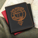 Black notebook with Clan McCulloch emblem on a textured surface