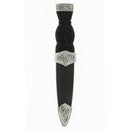 Celtic Plain Top Sgian Dubh with antique style pewter mounts and black simulated handle against a white background.
