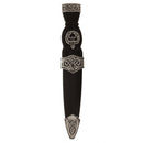 Celtic Plain Top Clan Crest Sgian Dubh with full cast Pewter Mounts in Antique Finish, featuring a black handle and stainless steel blade.