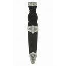 Thistle Plain Top Sgian Dubh featuring a black simulated handle and sheath, complete with full cast Pewter Mounts and a stainless steel blade, perfect for collectors or enthusiasts of Scottish heritage.