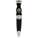 Celtic Stone Top Clan Crest Sgian Dubh with a black simulated handle and stainless steel blade, showcasing intricate pewter metalwork and available in multiple colors.