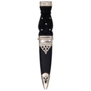 Deluxe Polished Top Sgian Dubh - Thistle Top featuring a studded handle, high-quality leather sheath, and polished mounts, displayed in an elegant presentation box.