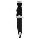 Close-up of the Black simulated handle and sheath of the Celtic Pattern Top Sgian Dubh, showcasing the stainless steel blade.