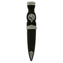 Celtic Pattern Top Clan Crest Sgian Dubh with black handle and sheath, showcasing intricate pewter mounts and stainless steel blade.