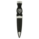 Elegant Celtic Pattern Top Clan Crest Sgian Dubh displayed in its box, highlighting the antique finish and personalized Clan Crest badge.