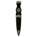 Thistle Pattern Top Clan Crest Sgian Dubh featuring a black simulated handle and sheath with full cast pewter mounts.