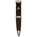 Regimental Sgian Dubh - Thistle featuring a black simulated handle with basket weave detail, adorned with pewter mounts and a stone setting, accompanied by a black sheath.