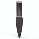 Torridon Blackwood Sgian Dubh with Plain Top, featuring a hand-carved blackwood handle and stainless steel blade, presented in a stylish black leather sheath.
