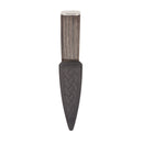 Close-up of Bog Oak Arisaig Sgian Dubh showcasing the intricate details of the bog oak wood handle and the sleek stainless steel blade.
