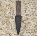 Bog Oak Arisaig Sgian Dubh featuring a hand-carved bog oak handle and stainless steel blade, presented in a black box.