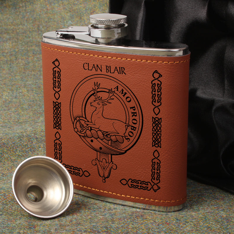 Blair Clan Crest PU Leather Covered Hip Flask