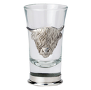 Highland Cow Shot Glass with handcrafted pewter design and base, perfect for serving spirits or liqueurs in style.