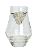Highland Cow Whisky Tasting Glass with handcrafted pewter design, showcasing a Highland cow, perfect for enjoying whisky aromas.