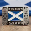 St. Andrews Saltire Enamel Belt Buckle featuring a thistle and Celtic border design in polished pewter, presented in a black Sgian Dubh Co box