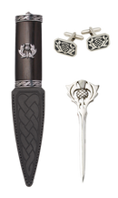 Torridon Thistle 3 Piece Gift Set featuring a daywear Sgian Dubh with a plain top, crafted from blackwood with a stainless steel blade and Celtic pewter mounts, complete with a real black leather sheath.