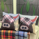 Highland Cow Cushion Cover featuring a custom tartan design, complete with a stylish fringe and button details, perfect for adding a unique touch to your home decor.
