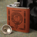 Davidson Clan Crest PU Leather Covered Hip Flask showcasing a luxurious design with a laser-engraved crest, perfect for whiskey enthusiasts and clan pride.