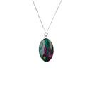 Heathergems Medium Oval Pendant showcasing the unique handcrafted Scottish design, made from beautiful natural materials, dimensions 25 x 16 mm with an 18" sterling silver chain.