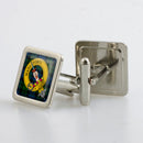 Stylish MacKay Clan Crest Cufflinks displayed in a metallic finish presentation box, ideal for showcasing heritage and sophistication.