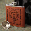 MacLellan Clan Crest PU Leather Covered Hip Flask showcasing its elegant design and durable stainless steel construction, perfect for whisky enthusiasts who embody Scottish heritage.
