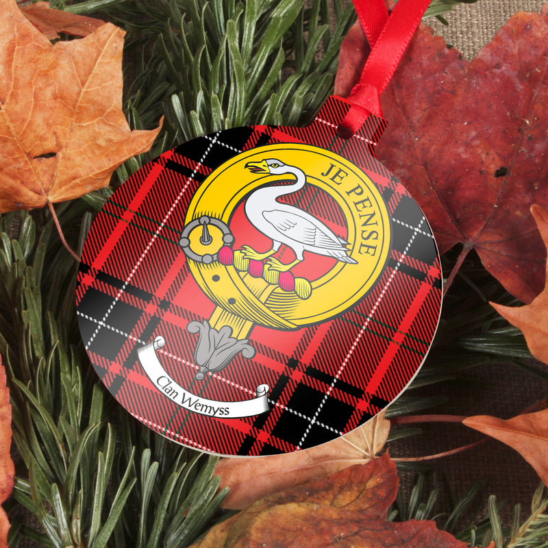 Wemyss Clan Crest and Tartan Metal Christmas Ornament - 6 Styles Available