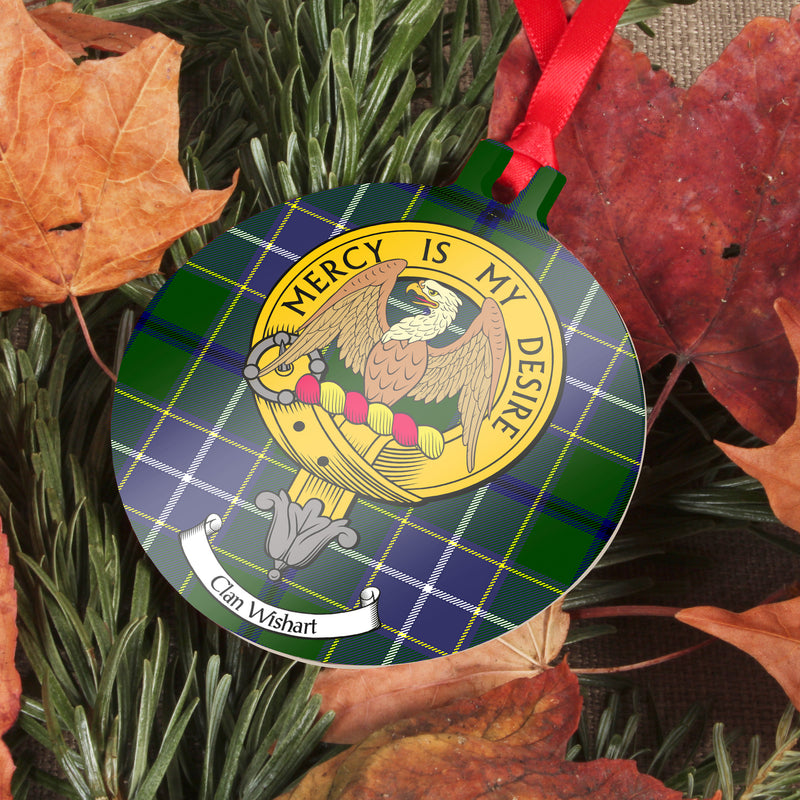 Wishart Clan Crest and Tartan Metal Christmas Ornament - 6 Styles Available