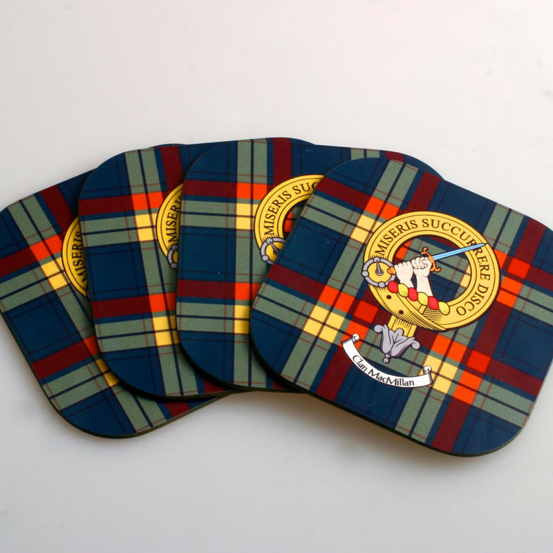 MacMillan Clan Crest and Tartan Wooden Coaster 4 Pack