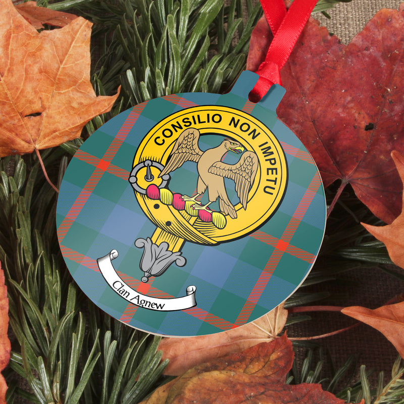Agnew Clan Crest and Tartan Metal Christmas Ornament - 6 Styles Available