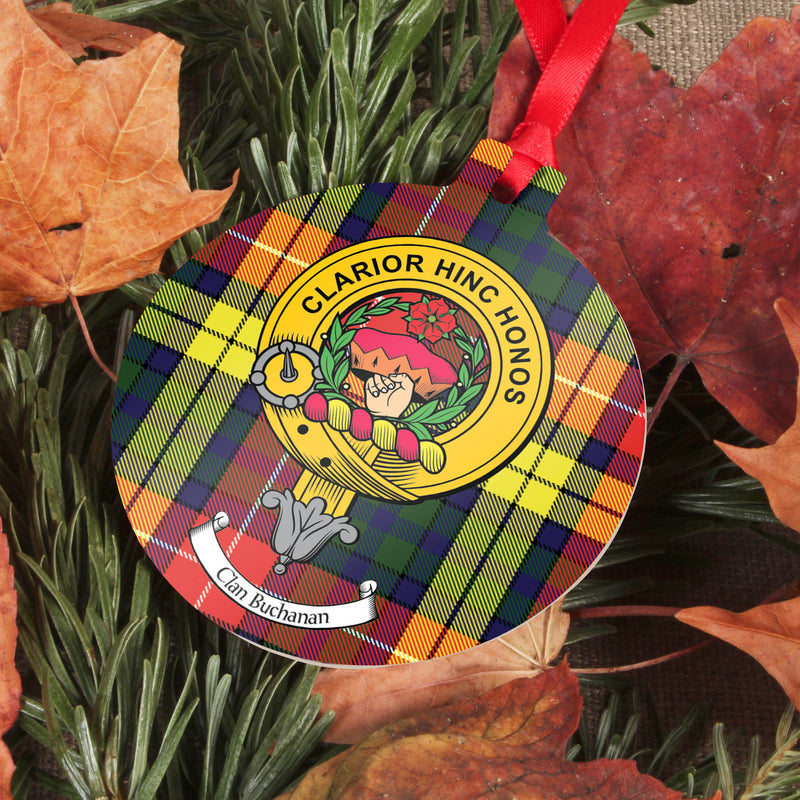 Buchanan Clan Crest and Tartan Metal Christmas Ornament - 6 Styles Available
